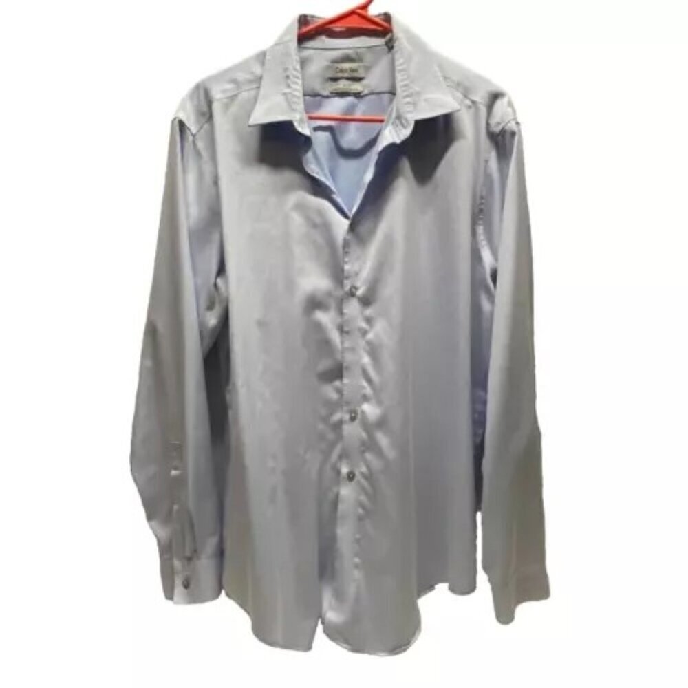 Calvin Klein Men's Performance Button Up Blue 34/35 Slim Fit Stretch 17" Neck‎